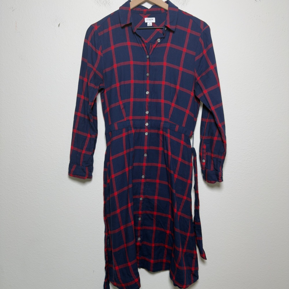 J. Crew Women Cotton Shirt Dress 6 Navy Red Plaid Belted Button Front Preppy